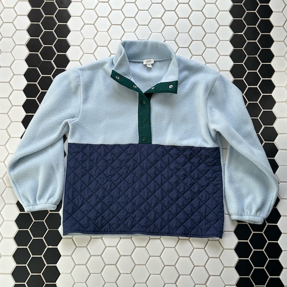 Women’s J.Crew Quilted Sherpa Fleece Half-Zip Light Blue Navy Green Size Small